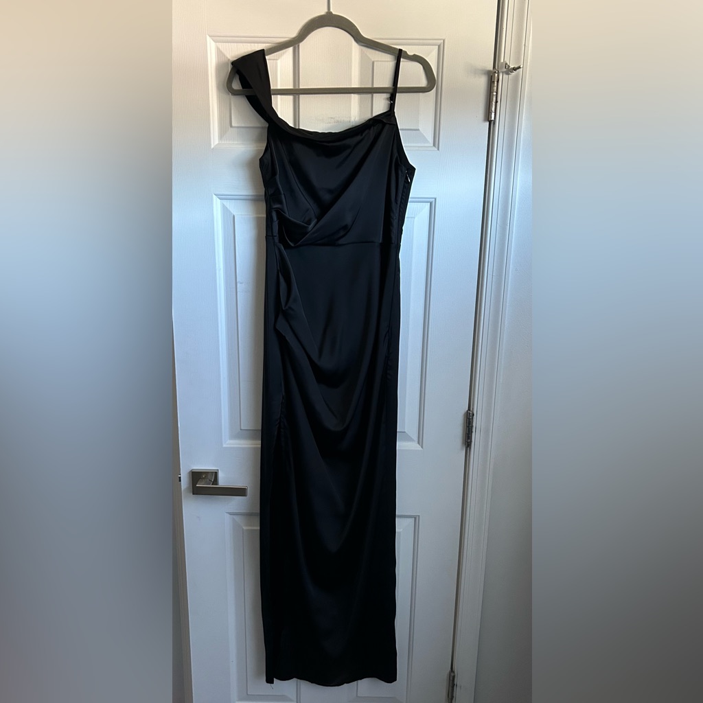 Lush Love Black Satin Asymmetrical Off-The-Shoulder Dress Size M